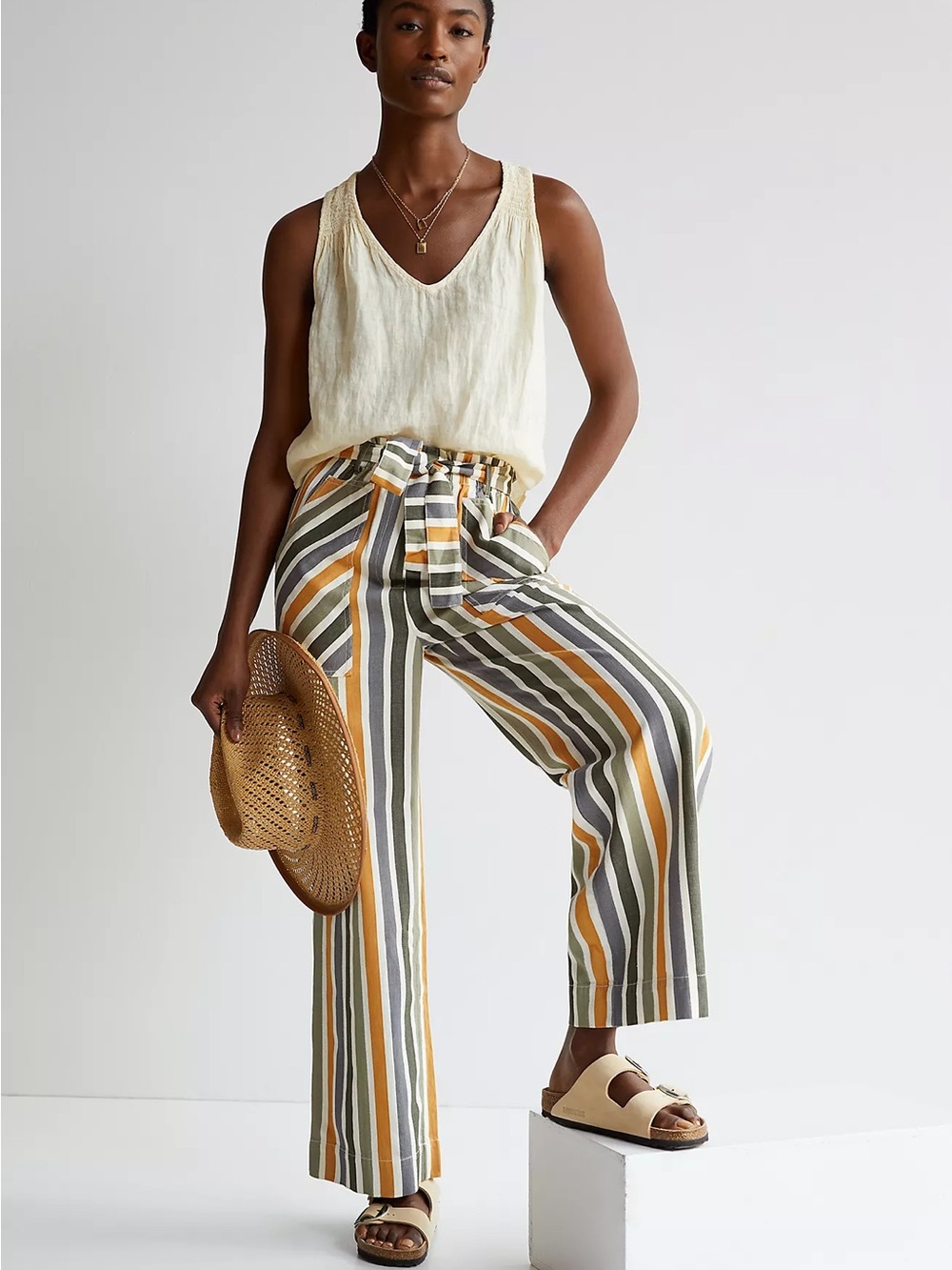 Anthropologie Striped Wide Leg Pull On Elastic Waist Pants NO BELT Sz Small